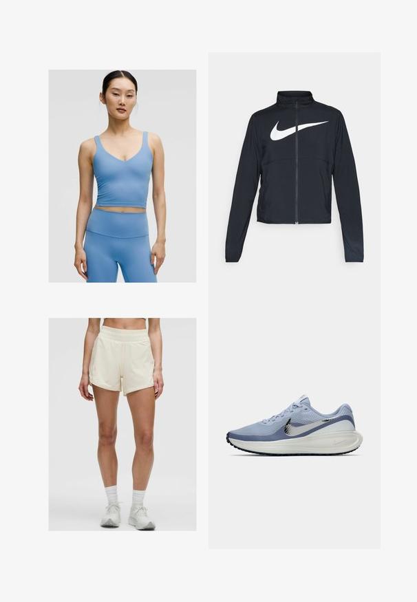Crna sportska jakna s punim patentnim zatvaračem, visokim ovratnikom, dugim rukavima i velikim bijelim Nike swoosh logom preko grudi.; Svijetloplava sportska braletka s V-izrezom, debelim naramenicama i prilagođenim dizajnom, izrađena od glatkog, rastezljivog materijala.; Krem kratke sportske hlače s elastičnom pojasom i bočnim džepovima. Tkanina izgleda glatko i lagano, pogodna za aktivne aktivnosti.; Svijetloplave i bijele Nike tenisice za trčanje sa srebrnim swoosh logotipom, prozračnim mrežastim gornjištem, udobnim potplatom i crnim uzorkom na potplatu.