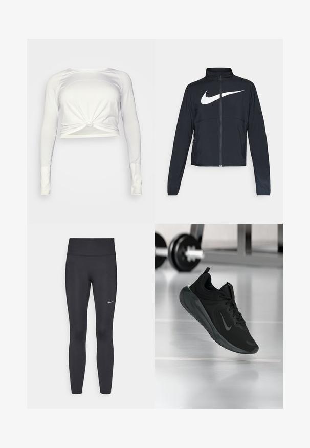 Schwarze Sportjacke mit vollem Reißverschluss, hohem Kragen, langen Ärmeln und großem weißen Nike-Swoosh-Logo auf der Brust.; lululemon SWIFTLY TECH LONG SLEEVE - Langarmshirt - white/white; Schwarze Leggings aus elastischem Stoff, mit einem hohen Bund und einem weißen Nike-Logo auf dem linken Oberschenkel. Glatte Textur, figurbetontes Design.; Schwarzer Sportsneaker mit Nike-Logo, mid-air über dem Boden des Fitnessstudios, mit unscharfem Hantelregal im Hintergrund.