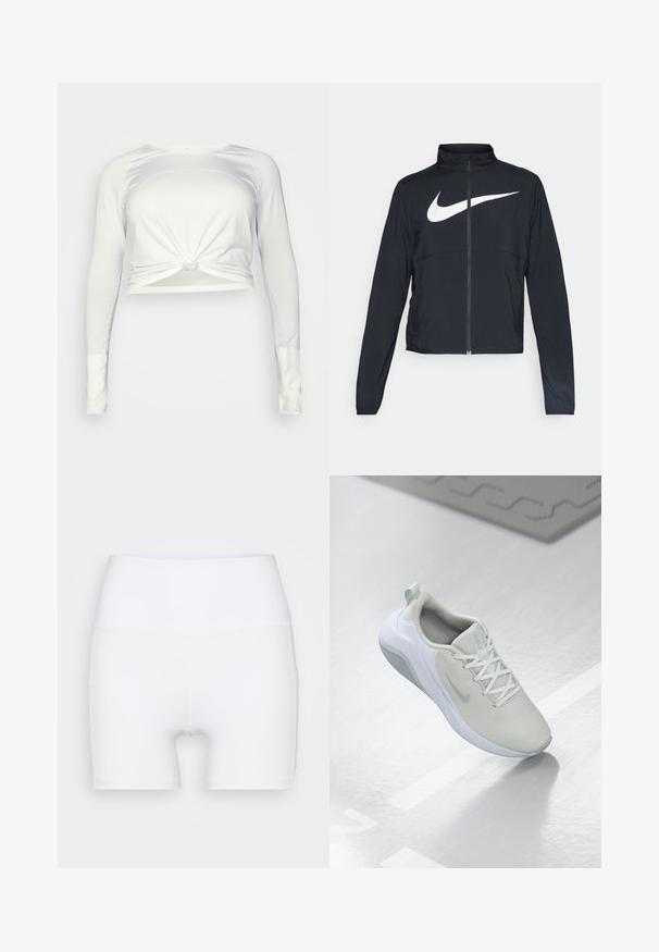 Fekete, teljes cipzáros sportdzseki magas gallérral, hosszú ujjal, amelyen egy nagy, fehér Nike logó található a mellkason.; lululemon SWIFTLY TECH LONG SLEEVE - Hosszú ujjú felső - white/white; Fehér, magas derekú, rugalmas anyagból készült sort. Simább textúrával és testhezálló dizájnnal rendelkezik, további minták vagy fémalkatrészek nélkül.; Világosszürke sportcipő hálós felsőrésszel, kör alakú mintával, fehér kiegészítőkkel, lapos fűzőkkel és texturált talppal a tapadásért.