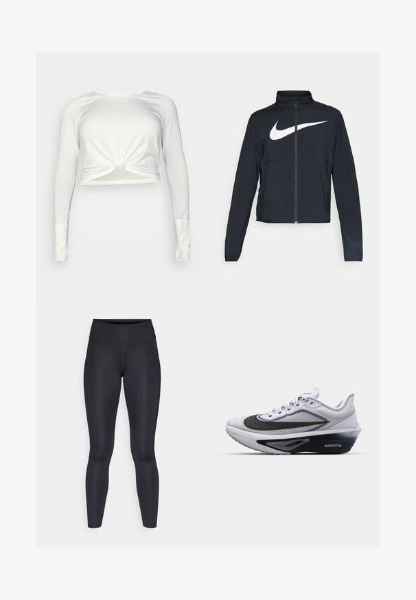 Jachetă sport neagră cu fermoar pe toată lungimea, guler înalt, mâneci lungi și un logo mare alb Nike swoosh pe piept.; lululemon SWIFTLY TECH LONG SLEEVE - Bluză cu mânecă lungă - white/white; Leggings negre dintr-un material neted și elastic. Talie înaltă fără modele sau accente vizibile. Se potrivesc strâns de la talie până la glezne.; Seducatoare albă de sport cu un superior din plasă, având un swoosh curbat de culoare neagră, talpă cu amortizare ZoomX și un design texturat pentru respirabilitate.