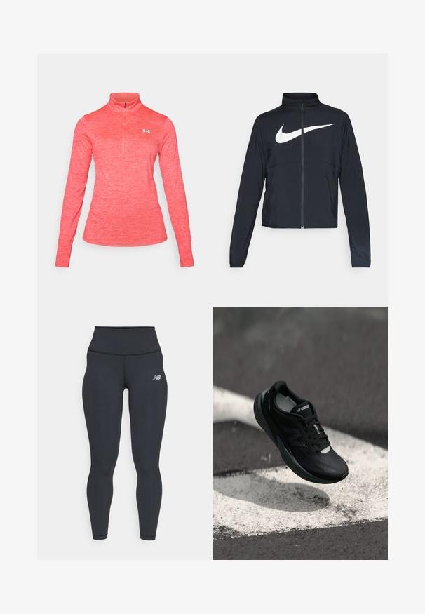 Čierna športová bunda na zips s vysokým golierom, dlhými rukávmi a veľkým bielym logom Nike na hrudi.; Dlhý rukáv, športový top so zipsom v oblasti krku z melírovanej koralovej tkaniny, s bielym logom na ľavej strane hrudi a hladkou, ľahkou textúrou.; Čierne športové legíny s vysokým pásom, s hladkou textúrou a malým bielym logom New Balance na stehne.; Čierne bežecké topánky s textúrovaným zvrškom, štíhlym dizajnom a reflexnými detailmi. Obsahujú mäkkú, odpruženú podrážku pre maximálne pohodlie.