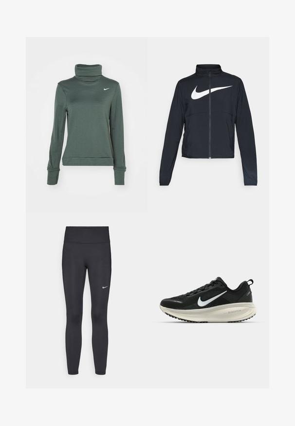 Zwarte sportjas met volledige rits, hoge kraag, lange mouwen en groot wit Nike swoosh-logo op de borst.; Nike Performance THERMA-FIT SWIFT - Longsleeve - vintage green/silver; Zwarte legging van rekbare stof met een hoge tailleband en een wit Nike-logo op de linkerdij. Gladde textuur, aansluitend ontwerp.; Zwarte Nike hardloopschoen met ademend mesh bovenwerk, witte swoosh-logo, gestructureerde details en een crèmekleurige ZoomX middenzool.