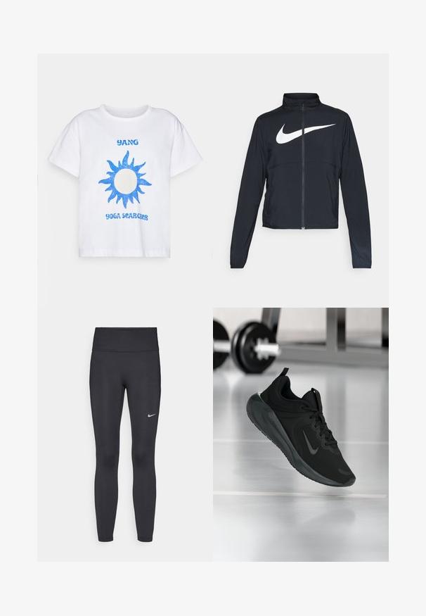 Czarna bluza sportowa na zamek błyskawiczny z wysokim kołnierzem, długimi rękawami i dużym białym logo Nike na klatce piersiowej.; Biała bawełniana koszulka z krótkim rękawem, zdobiona niebieskim, brokatowym grafiką słońca oraz napisem "YANG YOGA SEARCHER" w niebieskiej czcionce. Luźny krój.; Czarne legginsy z elastycznego materiału, z wysokim pasem i białym logo Nike na lewym udzie. Gładka tekstura, dopasowany krój.; Czarny sportowy sneaker z logo Nike, pokazany w powietrzu na podłodze siłowni, z rozmytym regałem z hantlami w tle.