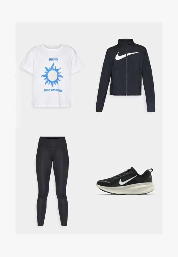 Black full-zip sports jacket with high collar, long sleeves, and large white Nike swoosh logo across the chest.; White cotton t-shirt featuring a blue glitter sun graphic and the text "YANG YOGA SEARCHER" in blue font. Short sleeves and relaxed fit.; Black leggings made of smooth, stretchy fabric. High waist with no visible patterns or accents. Fit closely from waist to ankles.; Black Nike running shoe with breathable mesh upper, white swoosh logo, textured detailing, and a cream-colored ZoomX midsole.