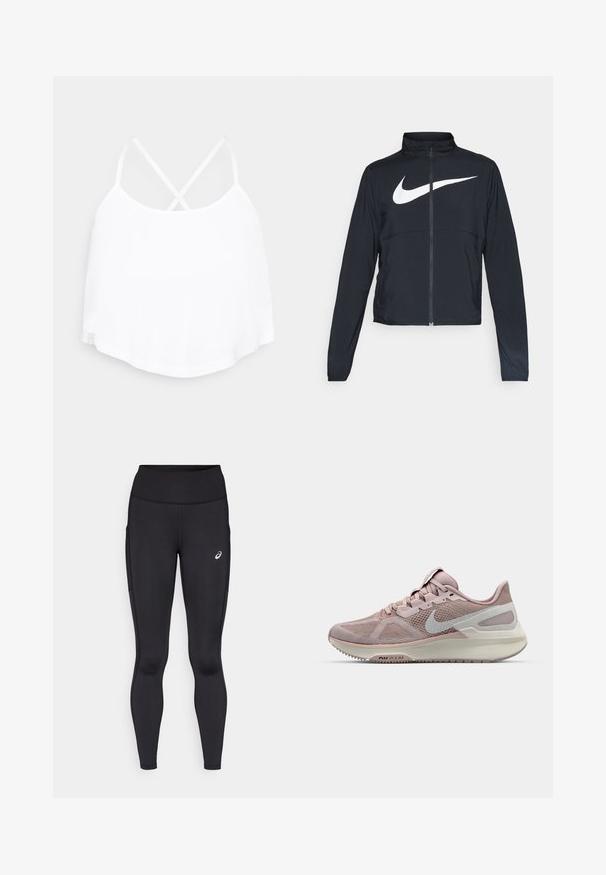 Sort fuld-zip sportsjakke med høj krave, lange ærmer og stort hvidt Nike swoosh-logo på brystet.; Hvid ærmeløs top med krydsede spaghetti-stropper, afrundet kant og blød stofstruktur. Ingen synlige mønstre eller hardware-detaljer.; Sorte leggings med en høj talje, lavet af glat, strækbart materiale. Har et diskret logo på låret og sidelommer.; Nike løbesko med mesh-overdel i lys pink og grå, featuring en polstret sål og et rundt tådesign. Accentueret med swoosh-logo.