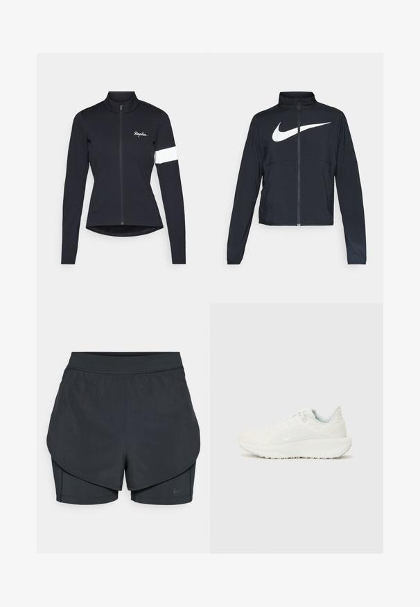 Schwarze Sportjacke mit vollem Reißverschluss, hohem Kragen, langen Ärmeln und großem weißen Nike-Swoosh-Logo auf der Brust.; Rapha WOMENS CORE JACKET - Cycling-Trikot - black/white; Schwarze sportliche Shorts mit einem geschichteten Design, das eine glatte äußere Schicht und eng anliegende innere Shorts umfasst. Hergestellt aus leichtem, dehnbarem Material.; Weiße Sportschuhe mit einer strukturierten Oberseite, gepolstertem Schuhkragen und Schnürverschluss. Verfügt über eine gebogene Außensohle und dezente Markenkennzeichnung an der Seite.