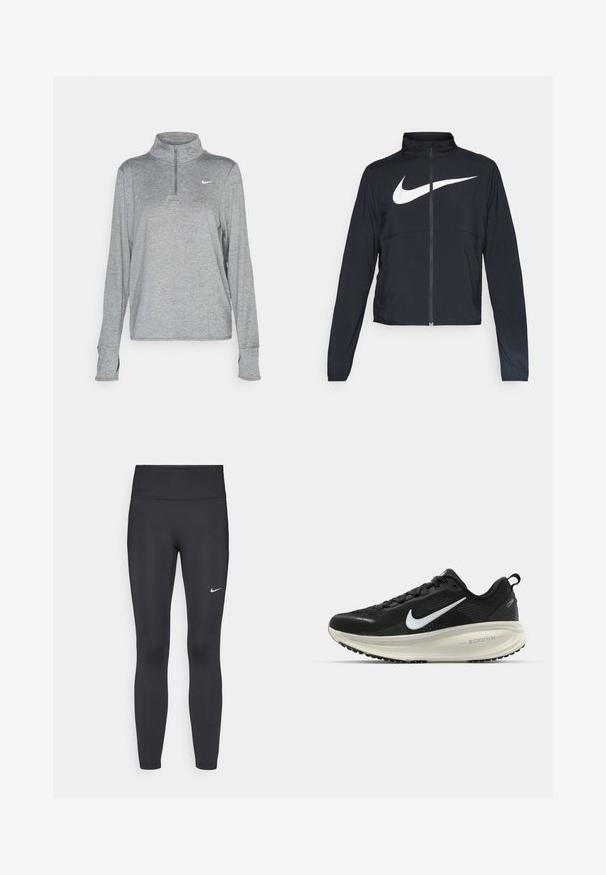 Svart joggebund med hel glidelås, høy krage, lange ermer og stort hvitt Nike swoosh-logo over brystet.; Nike Performance SWIFT - Topper langermet - smoke grey; Sorte leggings laget av elastisk stoff, med høy livlinje og en hvit Nike-logo på venstre lår. Glatt tekstur, kroppsnær passform.; Svart Nike løpesko med pustende mesh-overdel, hvit swoosh-logo, teksturert detaljer og en kremfarget ZoomX mellomsåle.