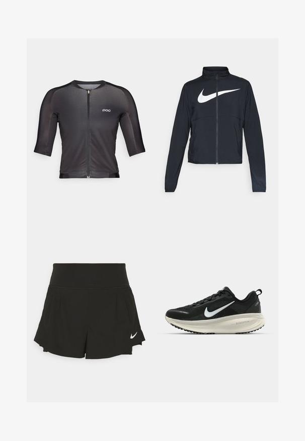 Zwarte sportjas met volledige rits, hoge kraag, lange mouwen en groot wit Nike swoosh-logo op de borst.; Zwarte fietsshirt met driekwartmouwen, voorrits, minimale branding. Gemaakt van een gladde, elastische stof met een nauwsluitend ontwerp.; Zwarte sportshorts met een brede tailleband, geplooide details, gebogen zoom en een wit Nike-logo aan de onderzijde rechts.; Zwarte Nike hardloopschoen met ademend mesh bovenwerk, witte swoosh-logo, gestructureerde details en een crèmekleurige ZoomX middenzool.