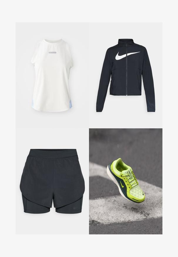 Črna športna jakna z polnim zadrgo, visokim ovratnikom, dolgimi rokavi in velikim belim logotipom Nike swoosh čez prsi.; Bela brezrokavna majica Nike z okroglim izrezom, ki ima srebrni logotip in svetlo modre poudarke ob straneh. Gladka, športna tekstura tkanine.; Črne atletske kratke hlače z večplastnim dizajnom, ki vključuje gladko zunanjo plast in prilegnjene notranje kratke hlače. Narejene so iz lahkega, elastičnega materiala.; Limeta zelena teniska z izdelanim zgornjim delom, temnozeleni detajli, bela podplat in vidna črna Nikeovo znak; vključuje zasnovo z vezalkami in teksturirano površino.