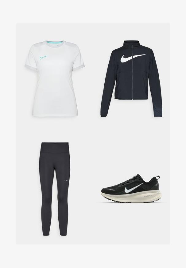 Fekete, teljes cipzáros sportdzseki magas gallérral, hosszú ujjal, amelyen egy nagy, fehér Nike logó található a mellkason.; Fehér Nike póló rövid ujjakkal. Turquoise Nike swoosh logóval és szürke díszítésekkel a ujjaknál, könnyű anyagból készült.; Fekete leggings elasztikus anyagból, magas derékkal és fehér Nike logóval a bal combon. Simább textúra, testhez álló kialakítás.; Fekete Nike futócipő légáteresztő hálós felsőrésszel, fehér Swoosh logóval, textúrázott részletekkel és krém színű ZoomX középtalppal.