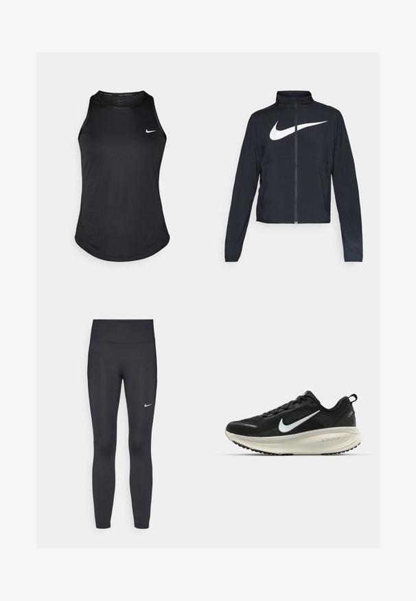 Svart joggebund med hel glidelås, høy krage, lange ermer og stort hvitt Nike swoosh-logo over brystet.; Nike ermeløs svart løpetopp, med rund hals, glatt tekstur, og en liten hvit logo på venstre bryst.; Sorte leggings laget av elastisk stoff, med høy livlinje og en hvit Nike-logo på venstre lår. Glatt tekstur, kroppsnær passform.; Svart Nike løpesko med pustende mesh-overdel, hvit swoosh-logo, teksturert detaljer og en kremfarget ZoomX mellomsåle.
