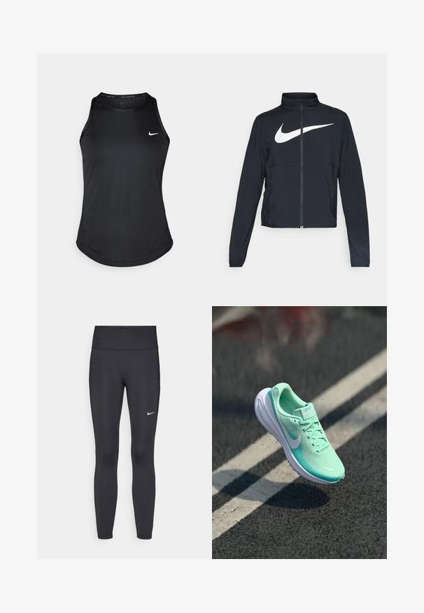 Čierna športová bunda na zips s vysokým golierom, dlhými rukávmi a veľkým bielym logom Nike na hrudi.; Nike bezrukávový čierny bežecký top, s okrúhlym výstrihom, hladkou textúrou a malým bielym logom na ľavej hrudi.; Čierne legíny z elastického materiálu, s vysokým pásom a bielym logom Nike na ľavom stehne. Hladká textúra, priliehavý dizajn.; Ľahká bežecká obuv v mätovo zelenej farbe s sieťovaným zvrškom, polstrovaným golierom a bielou gumovou podrážkou. Logo Nike na boku; šnúrky sú viditeľné.