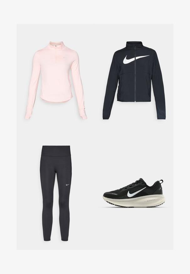 Sort fuld-zip sportsjakke med høj krave, lange ærmer og stort hvidt Nike swoosh-logo på brystet.; Lyserød langærmet trøje med kvart lynlås og høj krave, lavet af blødt stof, med et lille logo på venstre bryst og tommelhuller ved ærmerne.; Sorte leggings lavet af strækbart stof, med en høj talje og et hvidt Nike-logo på venstre lår. Glat tekstur, tætsiddende design.; Sort Nike løbesko med åndbart mesh-overdel, hvidt swoosh-logo, tekstureret detaljering og en cremede ZoomX mellemsål.