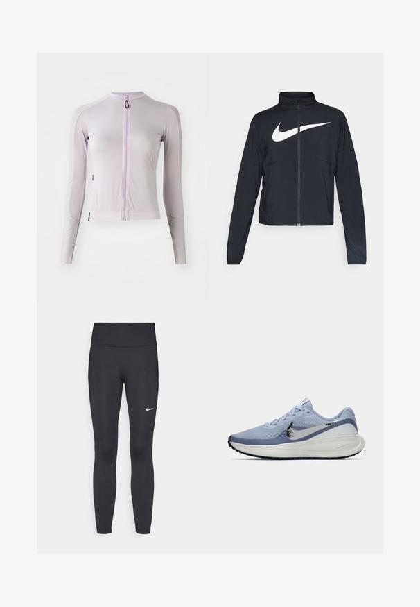 Černá sportovní bunda na zip s vysokým límcem, dlouhými rukávy a velkým bílým logem Nike swoosh přes prsa.; Sportovní top s dlouhým rukávem ve světle levandulové barvě, vyrobený ze strukturované látky. Má přední zip a přiléhavý střih s akcentovaným šitím.; Černé legíny vyrobené z elastického materiálu, s vysokým pasem a bílým logem Nike na levém stehně. Hladká textura, přiléhavý střih.; Světle modrá a bílá běžecká bota Nike se stříbrným logem swoosh, prodyšným síťovaným svrškem, polstrovanou podešví a černým vzorem na podrážce.