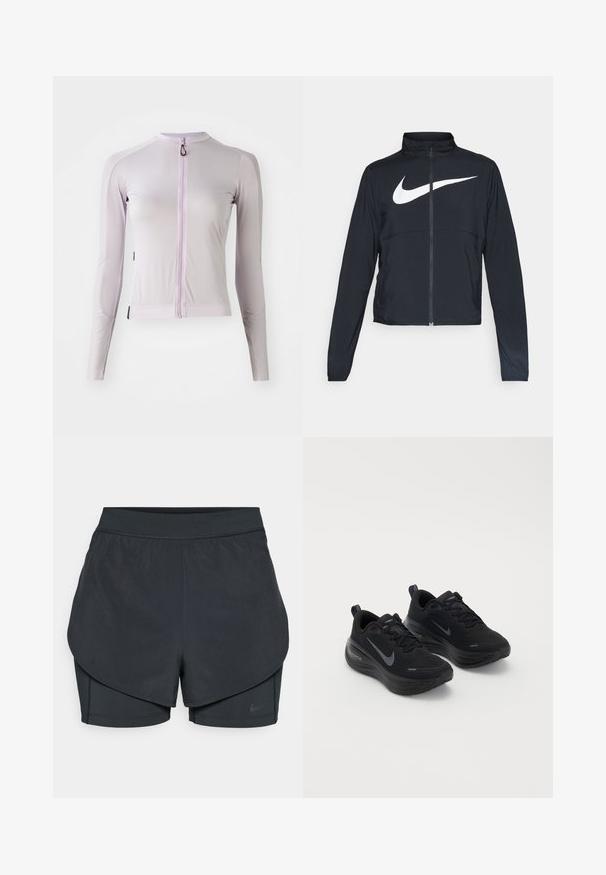 Čierna športová bunda na zips s vysokým golierom, dlhými rukávmi a veľkým bielym logom Nike na hrudi.; Dlhý rukáv športový top vo svetlej levanduľovej farbe, vyrobený z rebrovej tkaniny. Obsahuje predný zips a priliehavý dizajn s akcentovaným prešívaním.; Čierne športové šortky s vrstveným dizajnom, s hladkou vonkajšou vrstvou a priliehavými vnútornými šortkami. Vyrobené z ľahkej, elastickej tkaniny.; Čierne športové topánky s textúrovaným zvrškom, viazaním na šnúrky a hrubou, polstrovanou podrážkou. Obsahuje šedé logo Nike po stranách.