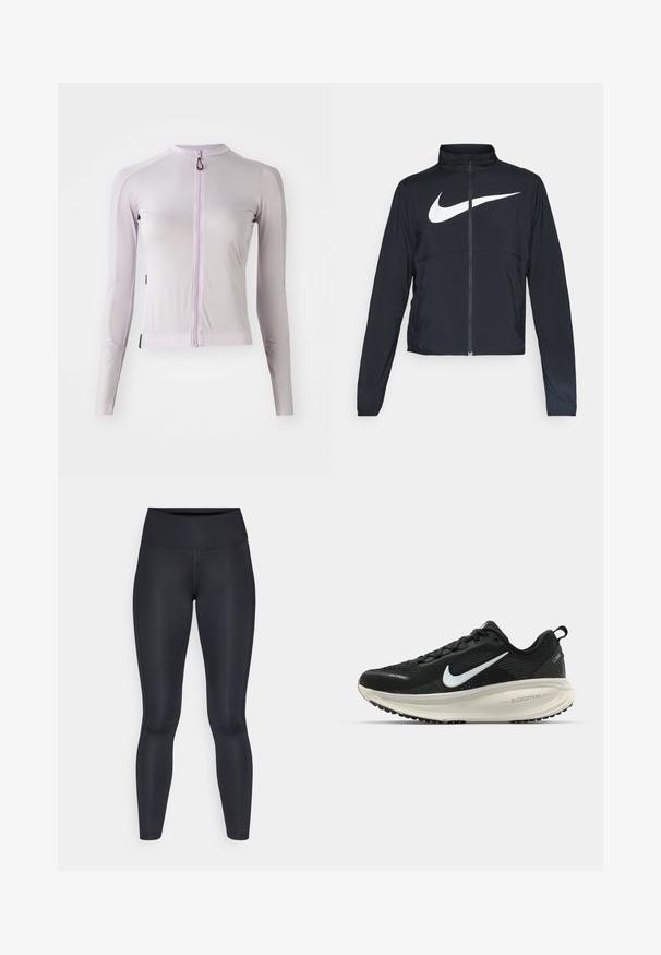 Svart joggebund med hel glidelås, høy krage, lange ermer og stort hvitt Nike swoosh-logo over brystet.; Langermet sportstopp i lys lavendel, laget av ribbet stoff. Har glidelås foran og en tettsittende design med kontrastsømmer.; Sorte leggings laget av glatt, elastisk materiale. Høy midje uten synlige mønstre eller detaljer. Sitter tett fra midjen til anklene.; Svart Nike løpesko med pustende mesh-overdel, hvit swoosh-logo, teksturert detaljer og en kremfarget ZoomX mellomsåle.