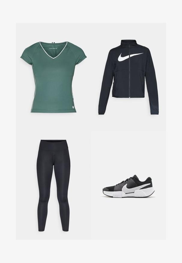 Melnā sporta jaka ar pilnu rāvējslēdzēju, augstu apkakli, garām piedurknēm un lielu baltu Nike swoosh logotipu krūšu daļā.; Zaļš v-veida kakla t-krekls ar īsām piedurknēm, ar baltām apmalēm ap kaklu un sāniem. Izgatavots no gludas, elastīgas auduma.; Melnas legingi, izgatavoti no gludas, elastīgas auduma. Augsts jostasvieta bez redzamām rakstiem vai akcentiem. Cieši pieguļ no jostas līdz potītēm.; Melna un balta sporta apavi ar strukturētu augšdaļu, izteiksmīgu Nike logo un atšķirīgu zoles dizainu, kas uzlabo saķeri un stabilitāti.