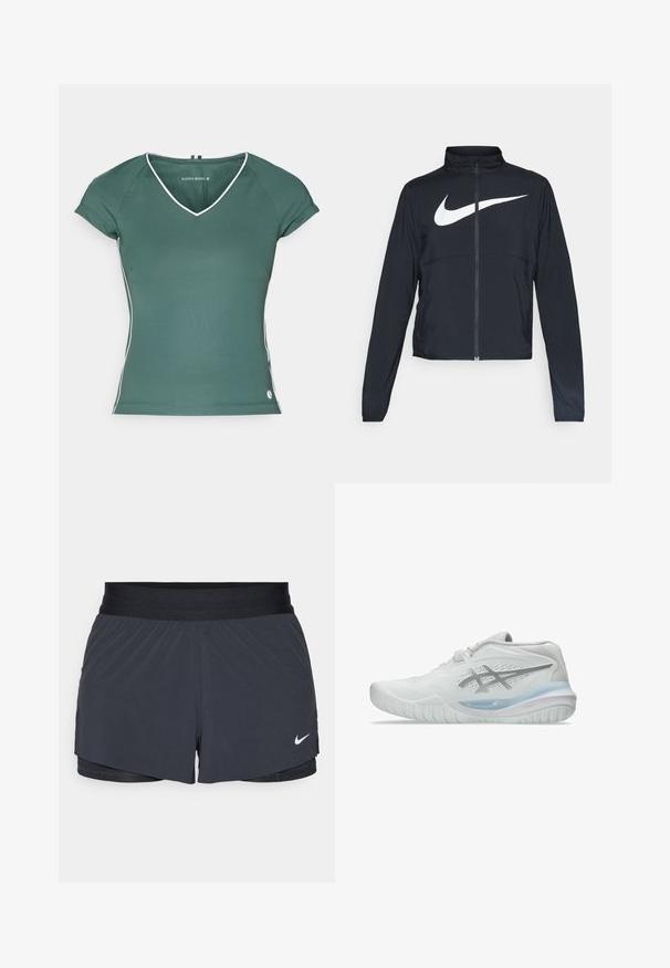 Črna športna jakna z polnim zadrgo, visokim ovratnikom, dolgimi rokavi in velikim belim logotipom Nike swoosh čez prsi.; Zeleno v-izrezano majico s kratkimi rokavi, ki ima belo obrobo ob izrezu in straneh. Narejena je iz gladkega, raztegljivega materiala.; Črne atletske kratke hlače z elastičnim pasom, ki imajo plastičen dizajn in majhen bel Nike logotip na spodnji levi strani. Lahkoten material.; Bele športne čevlje bele barve z teksturirano zgornjo stranjo, ki imajo prosojen modri podplat in subtilno sivo znamčenje ob strani. Okrogla konica in nizek profil.