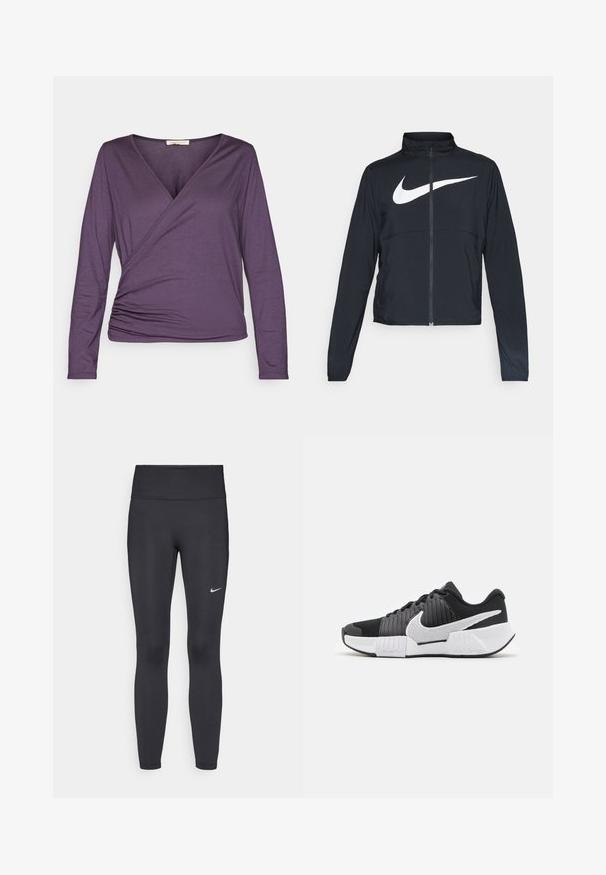 Black full-zip sports jacket with high collar, long sleeves, and large white Nike swoosh logo across the chest.; Yogasearcher NATANA - Long sleeved top - topaze; Black leggings made of stretchy fabric, featuring a high waistband and a white Nike logo on the left thigh. Smooth texture, form-fitting design.; Black and white athletic shoes with a textured upper, prominent Nike swoosh, and contrasting sole design for improved grip and stability.
