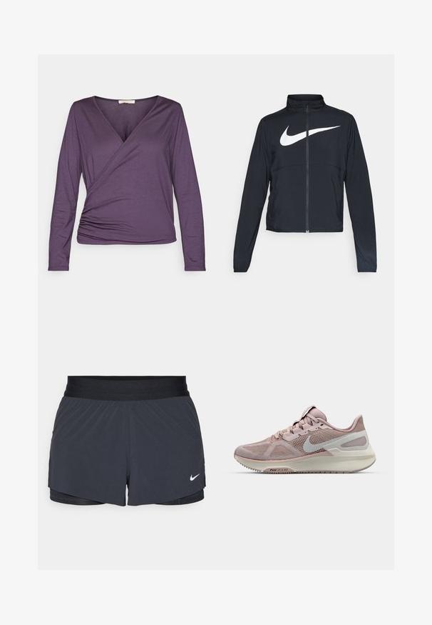 Svart joggebund med hel glidelås, høy krage, lange ermer og stort hvitt Nike swoosh-logo over brystet.; Yogasearcher NATANA - Topper langermet - topaze; Sorte treningshorts med elastisk midjebånd, med lagdelt design og liten hvit Nike-logo på nederste venstre side. Lett materiale.; Nike løpesko med nettverksoverdel i lys rosa og grå, med en polstret såle og en avrundet tådesign. Utsmykket med swoosh-logo.