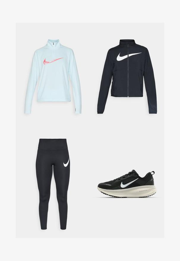 Schwarze Sportjacke mit vollem Reißverschluss, hohem Kragen, langen Ärmeln und großem weißen Nike-Swoosh-Logo auf der Brust.; Nike Performance Langarmshirt - glacier blue/aster pink; Schwarze hochgeschnittene Sportleggings mit einem weißen Nike-Swoosh-Logo auf dem linken Oberschenkel vor einem weißen Hintergrund.; Schwarzer Nike-Laufschuh mit atmungsaktivem Mesh-Obermaterial, weißem Swoosh-Logo, strukturierten Details und einer cremefarbenen ZoomX-Zwischensohle.