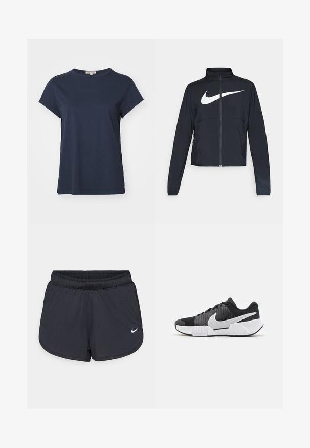 Fekete, teljes cipzáros sportdzseki magas gallérral, hosszú ujjal, amelyen egy nagy, fehér Nike logó található a mellkason.; Yogasearcher NAMASTE - Nyomott mintás póló - navy; Fekete sport rövidnadrág elasztikus derékpánttal, sportos kialakítással és egy fehér Nike logóval az elején alul. Texturált anyag.; Fekete-fehér sportcipők texturált felsőrésszel, kiemelkedő Nike pipa logóval és kontrasztos talpdesigntal a jobb tapadás és stabilitás érdekében.