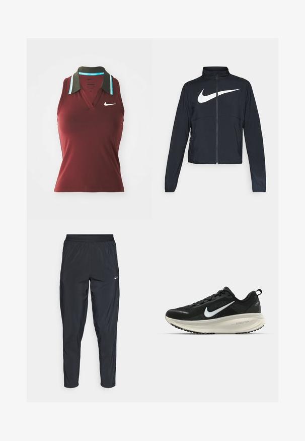 Must musta täispikk vary hoodie kõrge krae, pikad varrukad ja suur valge Nike swooshi logo rinnal.; Burgundia ilma varrukatega polo särk, millel on krae kaelus, roheline krae aktsent ja sinised triibud. Rinnal on valge Nike logo.; Mustad mustrenid spordipüksid elastse vööga, kitsendatud säärtega ja väikese valge logoga vasakul reitel. Kerge ja sile kangas.; Musthave mustus Nike jooksujalats, millel on hingav võrgust ülemine osa, valge swoosh logo, tekstuuriga detailid ja kreemja värvusega ZoomX vahevöö.