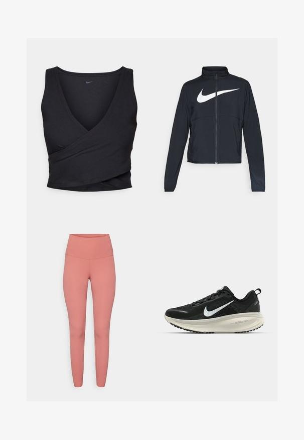 Schwarze Sportjacke mit vollem Reißverschluss, hohem Kragen, langen Ärmeln und großem weißen Nike-Swoosh-Logo auf der Brust.; Schwarzes Wickeltanktop mit V-Ausschnitt, aus geripptem Material gefertigt. Verfügt über eine taillierte Form und ein kleines Logo oben links.; Rosa high-waisted Leggings aus dehnbarem Material, mit glatter Textur und figurbetontem Design ohne sichtbare Muster oder Hardware.; Schwarzer Nike-Laufschuh mit atmungsaktivem Mesh-Obermaterial, weißem Swoosh-Logo, strukturierten Details und einer cremefarbenen ZoomX-Zwischensohle.