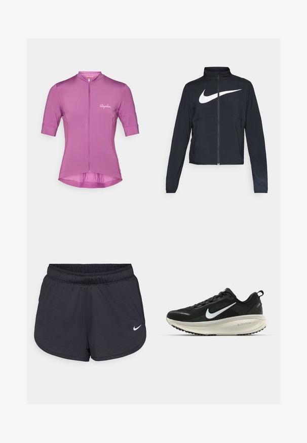 Chaqueta deportiva negra de cremallera completa con cuello alto, mangas largas y gran logo de Nike en blanco en el pecho.; Jersey de ciclismo de manga corta en un vibrante color púrpura, con cremallera frontal, ajuste estructurado y un sutil logotipo "Rapha." impreso en el pecho.; Pantalones cortos deportivos negros hechos de un tejido ligero y transpirable. Cuentan con una cintura elástica y el logotipo blanco de Nike en la parte inferior derecha.; Zapatilla de running Nike negra con parte superior de malla transpirable, logo Swoosh blanco, detalles texturizados y una entresuela ZoomX de color crema.