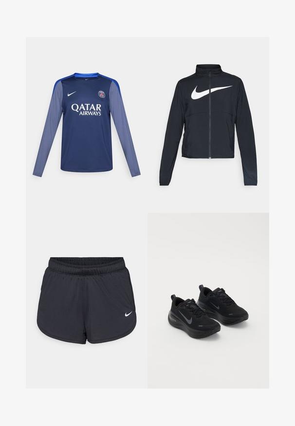 Juodas sportinis džemperis su visiškai užtraukiama užtrauktuku, aukšta apykakle, ilgomis rankovėmis ir dideliu baltu Nike swoosh logotipu per krūtinę.; Tamsiai mėlyna ilgų rankovių marškinėliai su mėlynais akcentais, Nike logotipas ant krūtinės ir baltais rašmenimis užrašas 'QATAR AIRWAYS'. Lygus audinys, sportiškas kirpimas.; Juodi sportiniai šortai su elastine liemene, turintys sportišką dizainą ir baltą Nike logotipą apatinėje priekinėje dalyje. Tekstūruota medžiaga.; Juodos sportinės bateliai su tekstūruotu paviršiumi, raišteliais ir storu, paminkštintu padu. Kiekvienoje pusėje yra šviesiai pilkas Nike logotipas.