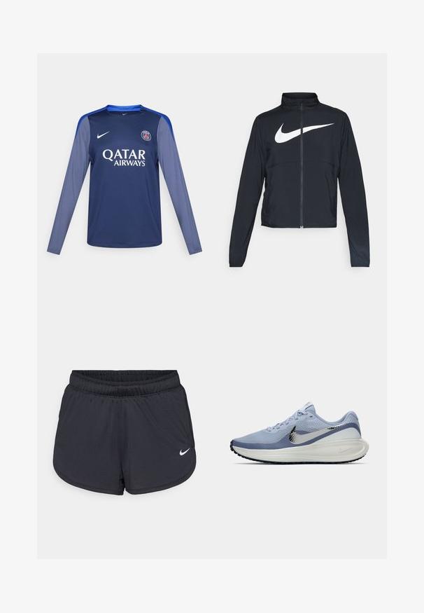 Jachetă sport neagră cu fermoar pe toată lungimea, guler înalt, mâneci lungi și un logo mare alb Nike swoosh pe piept.; Tricou din jerseu cu mânecă lungă de culoare bleumarin, cu accente albastre, logo-ul Nike pe piept și inscripția 'QATAR AIRWAYS' în litere albe. Material neted, croială sport.; Pantaloni scurți atletici negri cu talie elastică, cu un design sportiv și logo-ul alb Nike pe partea frontală inferioară. Material texturat.; Adidași de alergare Nike în nuanțe de albastru deschis și alb, cu swoosh argintiu, suprafață din plasă respirabilă, talpă căptușită și tread negru pe talpă.