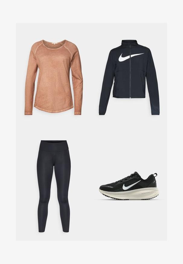 Crna sportska jakna s punim patentnim zatvaračem, visokim ovratnikom, dugim rukavima i velikim bijelim Nike swoosh logom preko grudi.; Dugih rukava, majica s okruglim izrezom od mekog, breskvastog materijala s blago teksturiranim završetkom i kontrastnim svijetlim šavovima. Suptilan zakrivljeni rub.; Crne tajice izrađene od glatkog, rastezljivog materijala. Visok struk bez vidljivih uzoraka ili akcenta. Tjesno pristaju od struka do gležnjeva.; Crne Nike trkačke tenisice s prozračnom mrežastom gornjom konstrukcijom, bijelim swoosh logotipom, teksturiranim detaljima i kremastom ZoomX srednjom potplatnom jedinicom.
