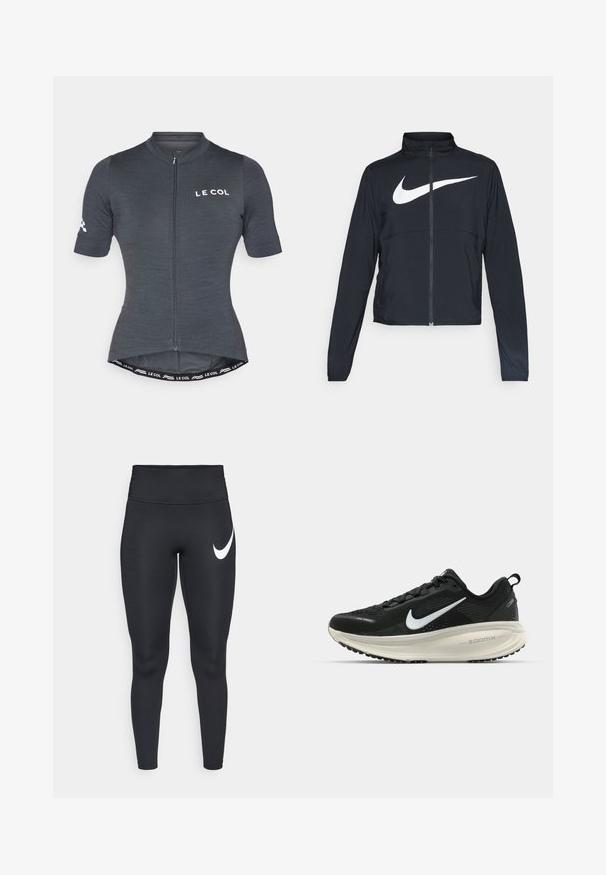 Čierna športová bunda na zips s vysokým golierom, dlhými rukávmi a veľkým bielym logom Nike na hrudi.; Sivá cyklistická dres s krátkymi rukávmi, predným zipsom a priliehavým strihom. Obsahuje značkovú logo a kontrastný pásový detail.; Čierne športové legíny s vysokým pásom s bielym logom Nike swoosh na ľavom stehne na bielom pozadí.; Čierne bežecké topánky Nike s priedušnou sieťovinou, bielym logom s symbolom swoosh, textúrovanými detailmi a krémovou ZoomX medzipodrážkou.