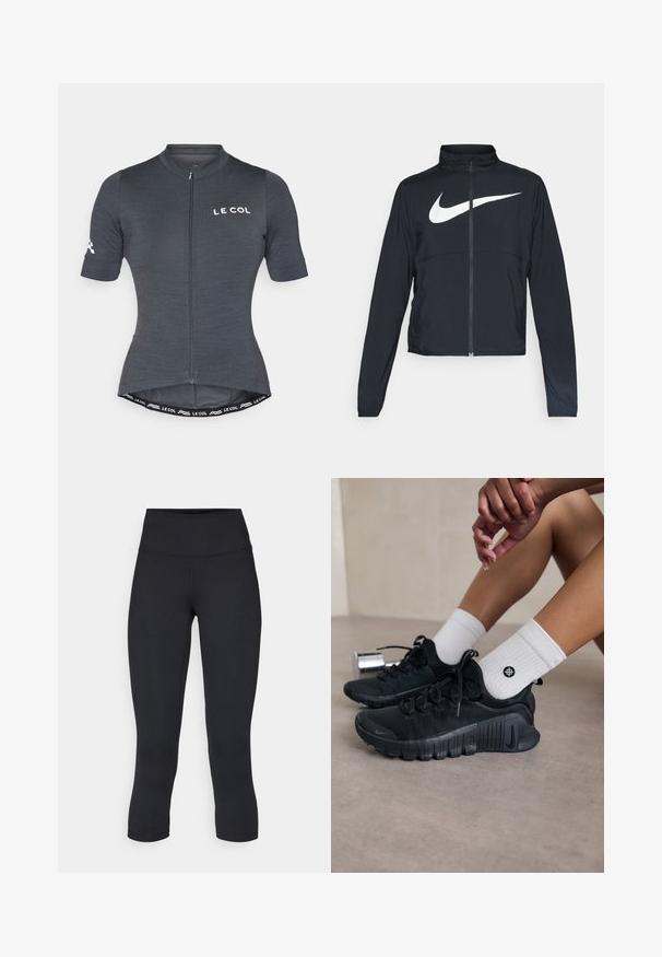 Juodas sportinis džemperis su visiškai užtraukiama užtrauktuku, aukšta apykakle, ilgomis rankovėmis ir dideliu baltu Nike swoosh logotipu per krūtinę.; Pilkas dviratininkų džersis su trumpomis rankovėmis, priekyje užtrauktukas ir prigludusi forma. Yra prekės ženklo logotipas ir kontrastingas juosmens detalė.; Juodos apkarpytos legginsai, pagaminti iš tamprios medžiagos, su aukšta juosmens linija ir glotnia tekstūra, be matomų raštų ar detalių.; Juodi sportiniai bateliai su tekstūruota medžiaga, raištelių dizainu ir ryškiu padu, derinami su baltais raukšlėtais kojiniais, turinčiais mažą logotipą.