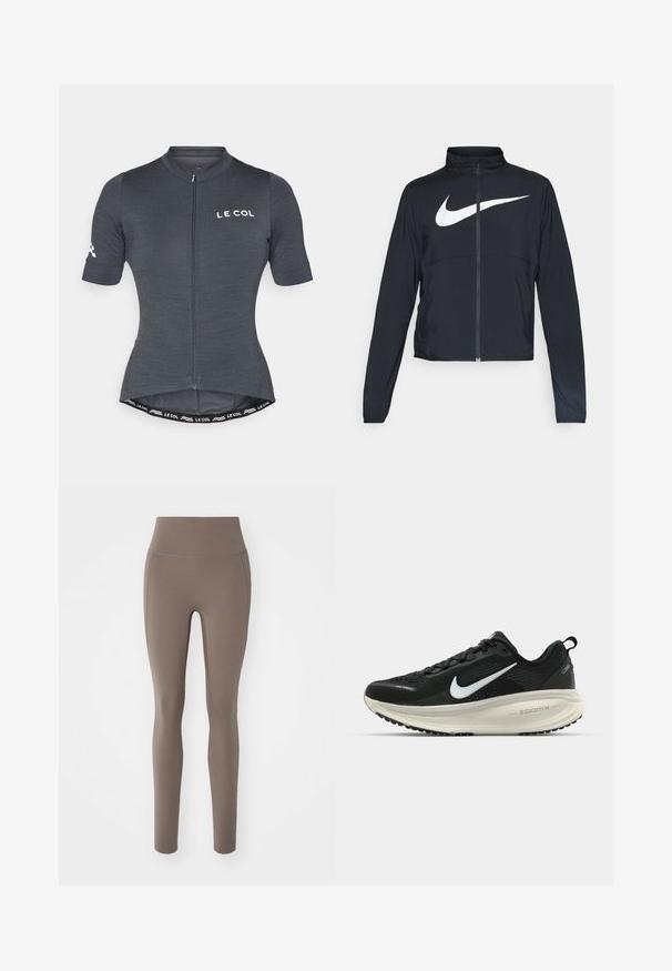 Must musta täispikk vary hoodie kõrge krae, pikad varrukad ja suur valge Nike swooshi logo rinnal.; Hallide hallhalli jalgrattasärk lühikeste varrukatega, esi-zipper ja sobiv disain. Omab kaubamärgiga logo ja kontrastset vöökoha detaili.; Pruunid kõrgema vöökohaga retuusid, mis on valmistatud venivast materjalist ja millel on sile tekstuur, omavad õmblusteta disaini ning pahkluuni ulatuvat siluetti.; Musthave mustus Nike jooksujalats, millel on hingav võrgust ülemine osa, valge swoosh logo, tekstuuriga detailid ja kreemja värvusega ZoomX vahevöö.