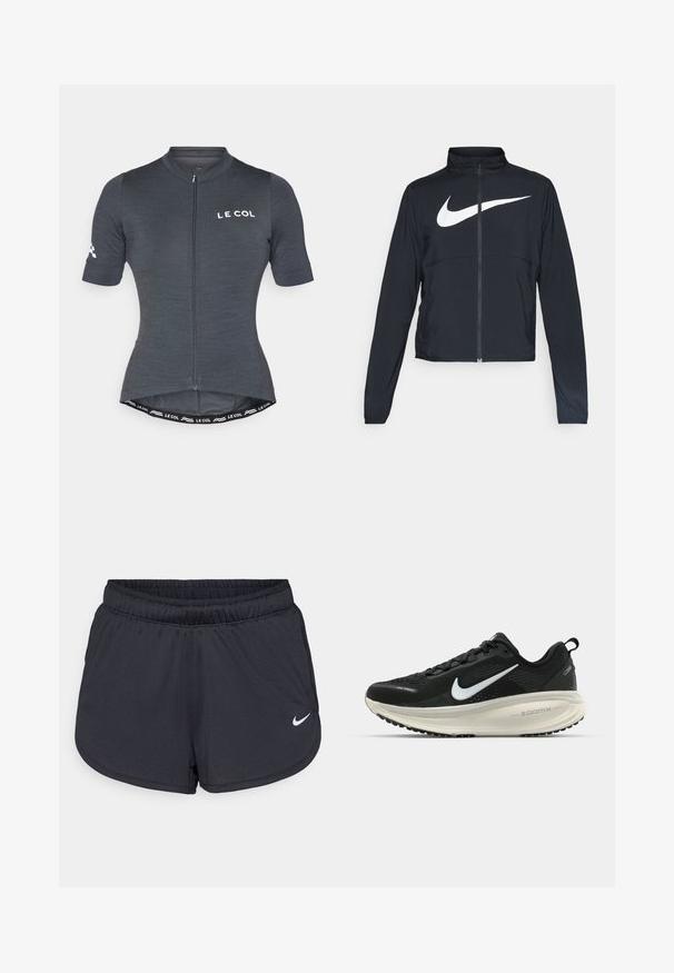 Veste de sport noire zippée sur toute la longueur avec un col haut, des manches longues et un grand logo Nike swoosh blanc sur la poitrine.; Maillot de cyclisme gris à manches courtes, avec une fermeture éclair sur le devant et une coupe ajustée. Comprend un logo de marque et des détails de taille contrastants.; Shorts de sport noirs en tissu léger et respirant. Dotés d'une taille élastique et d'un logo Nike blanc sur le bas à droite.; Baskets de course noir Nike avec tige respirante en mesh, logo swoosh blanc, détails texturés et semelle intermédiaire ZoomX de couleur crème.