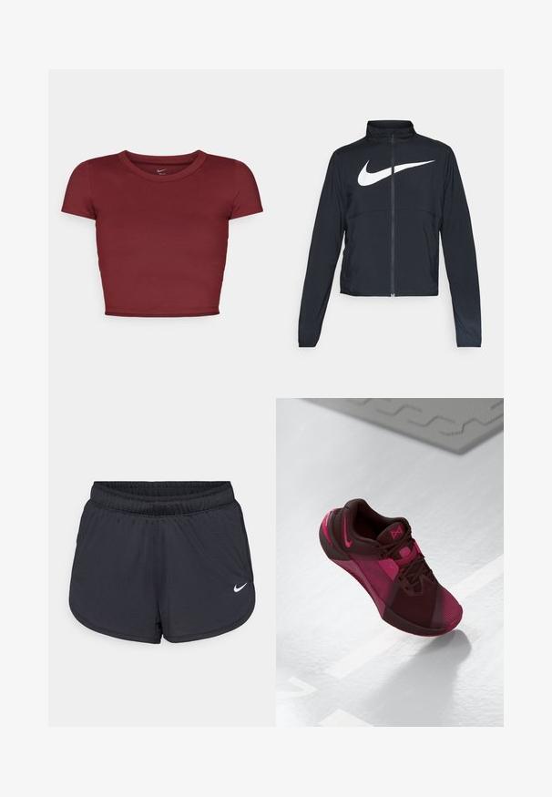 Crna sportska jakna s punim patentnim zatvaračem, visokim ovratnikom, dugim rukavima i velikim bijelim Nike swoosh logom preko grudi.; Bordo kratki crop top s kratkim rukavima napravljen od glatkog materijala s okruglim izrezom. Minimalistički dizajn, bez vidljivih logotipa ili uzoraka.; Crne sportske kratke hlače s elastičnim pojasom, sportski dizajn i bijeli Nike logo na donjem prednjem dijelu. Teksturirani materijal.; Tamno bordo sportska obuća s ružičastim akcentima. Sadrži mrežasti gornji dio, zaobljeni vrh i teksturirani potplat. Šnire i logo su jasno istaknuti.