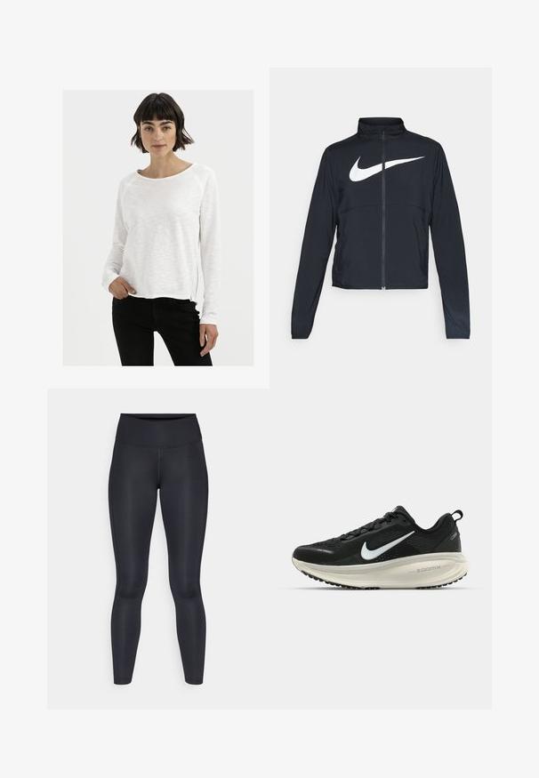 Schwarze Sportjacke mit vollem Reißverschluss, hohem Kragen, langen Ärmeln und großem weißen Nike-Swoosh-Logo auf der Brust.; Weißes Langarmshirt mit einer weichen, strukturierten Oberfläche und Rundhalsausschnitt, ausgestattet mit Raglanärmeln und einem leicht geschwungenen Saum.; Schwarze Leggings aus glattem, dehnbarem Stoff. Hoher Bund ohne sichtbare Muster oder Akzente. Enganliegend von der Taille bis zu den Knöcheln.; Schwarzer Nike-Laufschuh mit atmungsaktivem Mesh-Obermaterial, weißem Swoosh-Logo, strukturierten Details und einer cremefarbenen ZoomX-Zwischensohle.