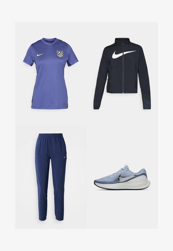 Czarna bluza sportowa na zamek błyskawiczny z wysokim kołnierzem, długimi rękawami i dużym białym logo Nike na klatce piersiowej.; Fioletowa koszulka piłkarska z dekoltem w kształcie litery V, krótkimi rękawami, z żółtym logo Nike i wielokolorowym znakiem drużyny na klatce piersiowej.; Granatowe spodnie sportowe z elastycznym pasem, zwężane nogawki, wykonane z lekkiego materiału, z małym srebrnym logo na biodrze.; Jasnoniebieski i biały but do biegania Nike z srebrnym logo, oddychający siateczkowy cholewką, amortyzowaną podeszwą i czarnym bieżnikiem.