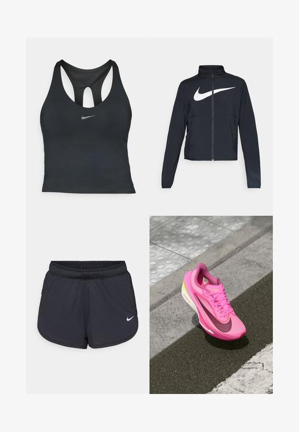 Jachetă sport neagră cu fermoar pe toată lungimea, guler înalt, mâneci lungi și un logo mare alb Nike swoosh pe piept.; Top sport negru cu spate tip racerback, prezentând un panou din plasă și un mic logo argintiu Nike pe față.; Pantaloni scurți atletici negri cu talie elastică, cu un design sportiv și logo-ul alb Nike pe partea frontală inferioară. Material texturat.; Pantofii de alergare Nike Zoom Fly roz, cu un design elegant, partea superioară din plasă, talpă amortizată și accente reflectorizante.
