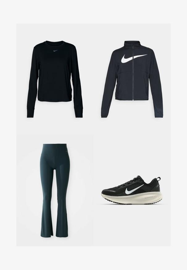 Fekete, teljes cipzáros sportdzseki magas gallérral, hosszú ujjal, amelyen egy nagy, fehér Nike logó található a mellkason.; Fekete, hosszú ujjú Nike póló, kerek nyakkivágással, puha anyagból, normál illeszkedéssel és kis fényvisszaverő logóval a mellkason.; Sötét kékeszöld, bővülő leggings magas derékkal, rugalmas anyagból készült. A deréknál finom logó részlet található. Sima felület.; Fekete Nike futócipő légáteresztő hálós felsőrésszel, fehér Swoosh logóval, textúrázott részletekkel és krém színű ZoomX középtalppal.