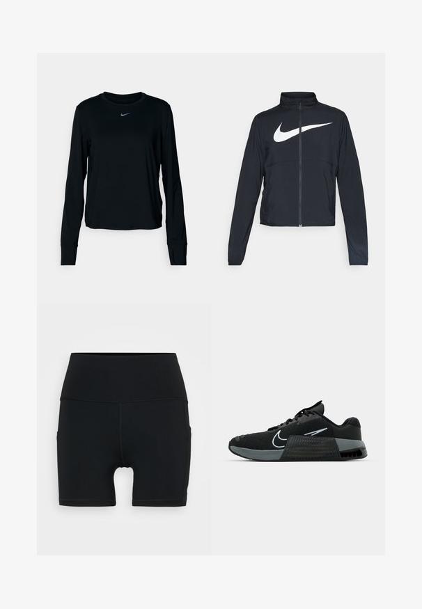 Svart sportjacka med hel dragkedja, hög krage, långa ärmar och stor vit Nike swoosh-logotyp över bröstet.; Svart långärmad Nike T-shirt med rund halsringning, mjukt tyg, normal passform och liten reflexlogotyp på bröstet.; Svarta atletiska shorts i stretchmaterial, med hög midja, figurnära design och platta sömmar för komfort och hållbarhet.; Svart atletisk sko med mesh-överkonstruktion, grå detaljer och texturerad mellansula. Har en framträdande logotyp och snörningsdesign. Gummisula för grepp.