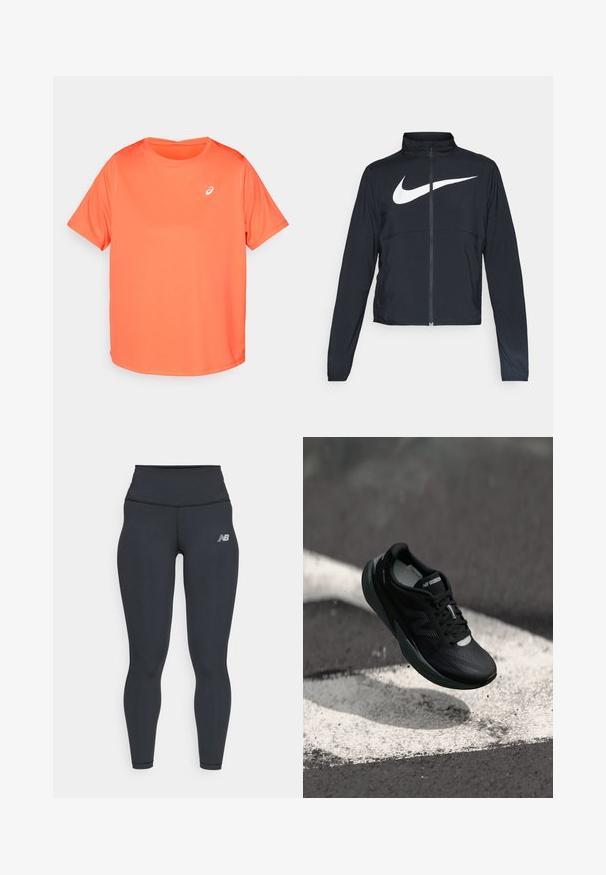 Jachetă sport neagră cu fermoar pe toată lungimea, guler înalt, mâneci lungi și un logo mare alb Nike swoosh pe piept.; Cămașă sport cu mânecă scurtă, de culoare portocalie str bright, realizată dintr-un material fin și ușor. Prezintă un mic logo alb pe piept.; Leggings atletice negre cu talie înaltă, având o textură netedă și un mic logo alb New Balance pe coapsă.; Pantofii de alergare negri cu un superior texturat, design elegant și accente reflectorizante. Dispun de o talpă moale și amortizată pentru confort.