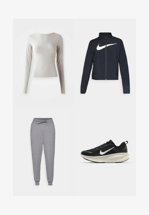 Jachetă sport neagră cu fermoar pe toată lungimea, guler înalt, mâneci lungi și un logo mare alb Nike swoosh pe piept.; Top lung cu mânecă lungă, de culoare gri deschis, dintr-un material neted și fin, cu gât rotund și o siluetă ajustată. Manseta este ușor lărgiată la bază.; Pantaloni de trening gri, conici, cu talie ajustabilă cu șnur, manșete elastice și un logo Nike discret pe coapsa stângă. Material moale, texturat.; Pantofii de alergare negri de la Nike, cu parte superioară din plasă respirabilă, logo-ul alb Swoosh, detalii texturate și o talpă intermediară ZoomX de culoare crem.