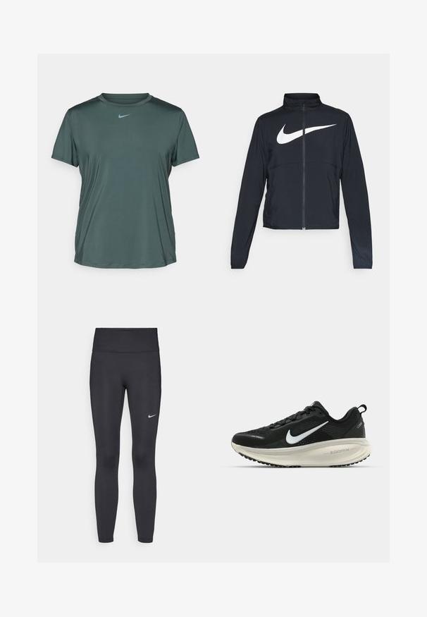 Casaco desportivo preto com fecho éclair completo, gola alta, mangas longas e grande logótipo branco da Nike na parte frontal.; Nike Performance ONE CLASSIC  - T-shirt desportiva - vintage green/black; Leggings pretos feitos de tecido elástico, com uma cintura alta e um logo branco da Nike na coxa esquerda. Textura suave, design ajustado ao corpo.; Sapatilha de corrida Nike preta com parte superior de malha respirável, logotipo Swoosh branco, detalhes texturizados e uma entressola ZoomX na cor creme.