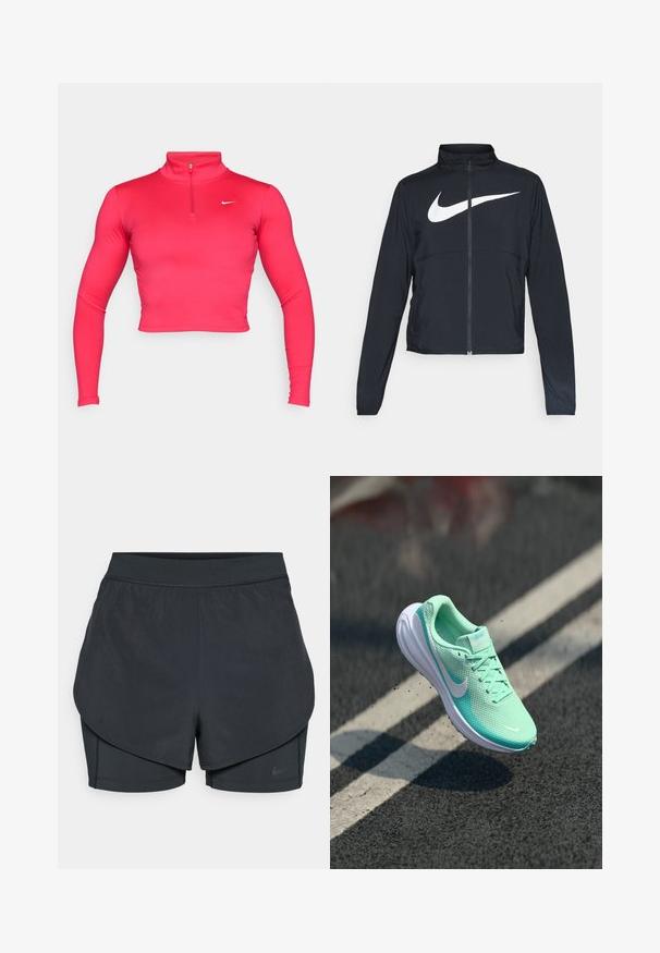 Zwarte sportjas met volledige rits, hoge kraag, lange mouwen en groot wit Nike swoosh-logo op de borst.; Roze cropped lange mouw sporttop met een hoge kraag en een kwart rits. Gemaakt van gladde, rekbare stof met een klein wit logo.; Zwarte sportshorts met een gelaagd ontwerp, voorzien van een gladde buitenlaag en aansluitende binnen shorts. Gemaakt van lichtgewicht, rekbare stof.; Lichte, mintgroene hardloopschoen met bovenwerk van mesh, gevoerde kraag en witte rubberen zool. Nike-logo aan de zijkant; veters zichtbaar.