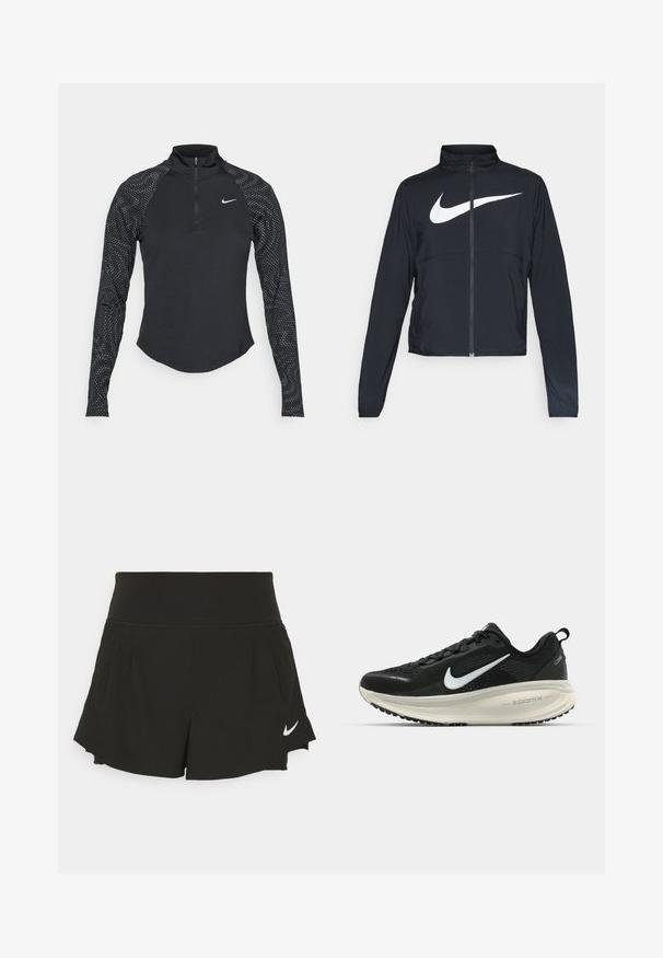 Chaqueta deportiva negra de cremallera completa con cuello alto, mangas largas y gran logo de Nike en blanco en el pecho.; Camiseta atlética negra de manga larga con cremallera a un cuarto, con mangas de patrón punteado y un logotipo de Nike en el pecho. Textura suave.; Shorts deportivos negros con una cintura ancha, detalles plisados, dobladillo curvado y el logo de Nike en blanco en la parte inferior derecha.; Zapatilla de running Nike negra con parte superior de malla transpirable, logo Swoosh blanco, detalles texturizados y una entresuela ZoomX de color crema.