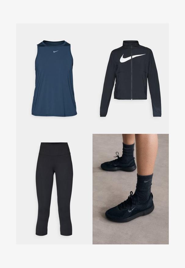 Črna športna jakna z polnim zadrgo, visokim ovratnikom, dolgimi rokavi in velikim belim logotipom Nike swoosh čez prsi.; Nike Performance ONE CLASSIC TANK - Top - armory navy/black; Črne skrajšane legice iz raztegljive tkanine, z visokim pasom in gladko teksturo, brez vidnih vzorcev ali kovinskih delov.; Črne Nike teniske z strukturiranim pletenim zgornjim delom, s sivim swoosh logotipom, v kombinaciji s temnimi rebrastimi nogavicami. Udoben gumijast podplat.