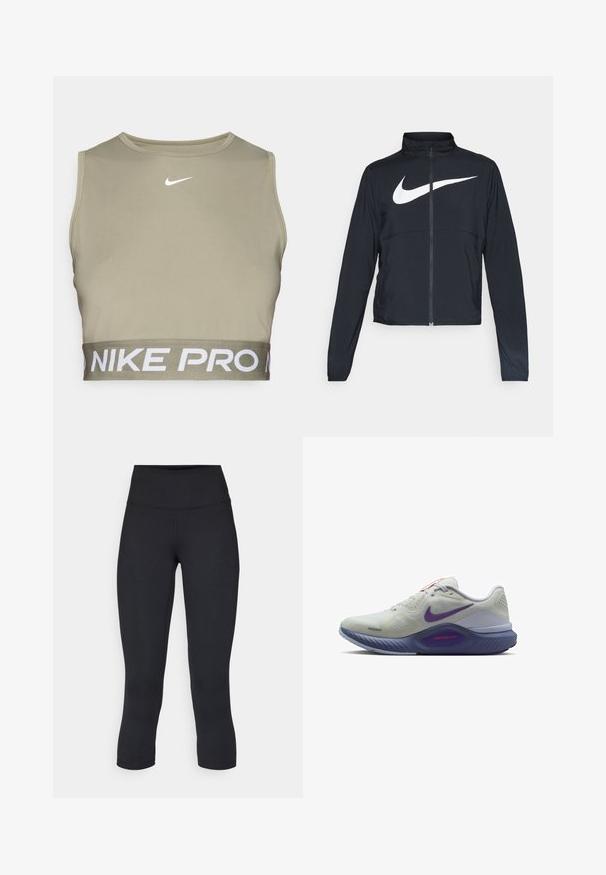 Czarna bluza sportowa na zamek błyskawiczny z wysokim kołnierzem, długimi rękawami i dużym białym logo Nike na klatce piersiowej.; Sportowy stanik Nike Pro w oliwkowym kolorze, dopasowany krój, okrągły dekolt oraz biała logo na klatce piersiowej. Posiada szeroką elastyczną taśmę z nazwą marki.; Czarne, krótkie legginsy wykonane z elastycznego materiału, z wysokim stanem i gładką strukturą, bez widocznych wzorów czy elementów metalowych.; Nike Performance - Obuwie do biegania treningowe