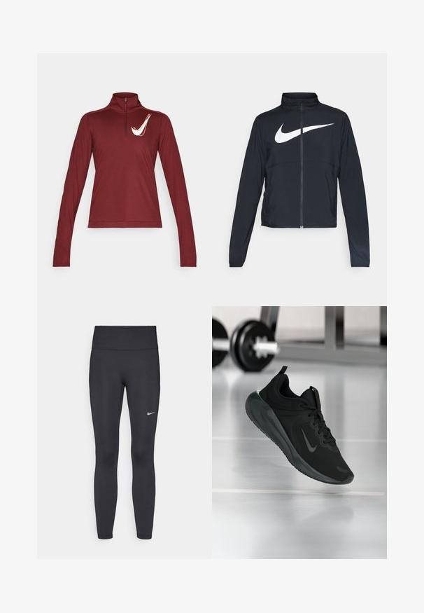 Crna sportska jakna s punim patentnim zatvaračem, visokim ovratnikom, dugim rukavima i velikim bijelim Nike swoosh logom preko grudi.; Burgundski dugi rukav s visokim ovratnikom i polu patentnim zatvaračem, s bijelim Nike logotipom na lijevoj strani prsiju, glatke teksture i prilagođenog dizajna.; Crne tajice izrađene od rastezljivog materijala, s visokim strukom i bijelim Nike logotipom na lijevom bedru. Glatka tekstura, dizajn koji prati obline.; Crna sportska tenisica s Nike logotipom, prikazana u zraku na podu teretane, s mutnom stalcem za bučice u pozadini.